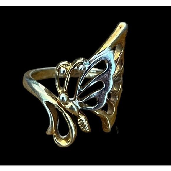 Large Butterfly Silver Tone Gold Tone Ring Size 8 3/4 Costume Jewelry Mariposa - Picture 4 of 9